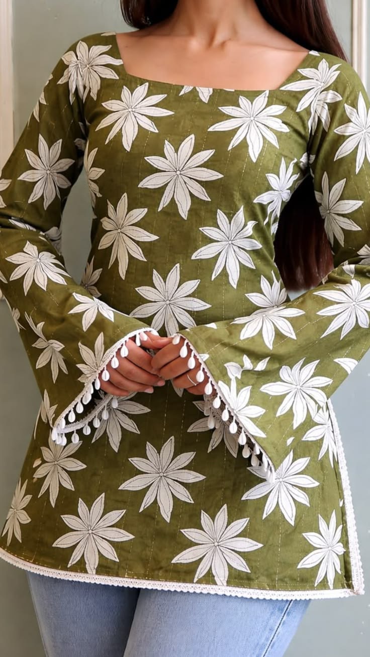Stay fresh and stylish with our Olive Green Floral Short Kurti
