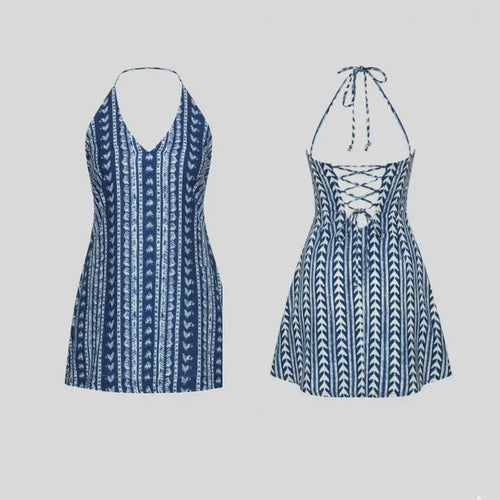 Indigo Blue Shibori Print Halter Neck Short Kurti Tunic Prizat