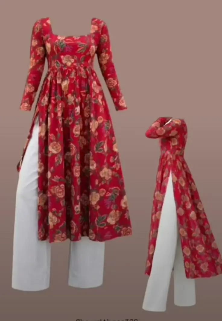Crimson Red Floral Ethnic Short Kurti with Wide Leg Pants Set | Prizat