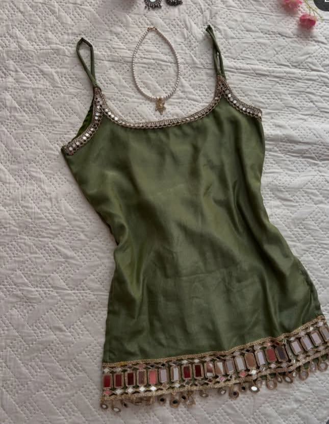 Olive Green Mirror-Work Slip Kurti